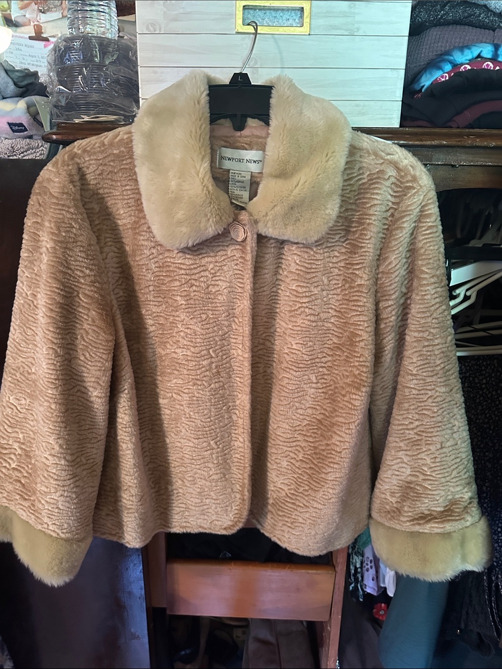 Vintage Newport News Taupe Faux Fur Short Coat with Cream Collar & Cuffs